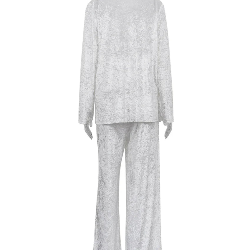 Clacive Winter Loose Home Suits Fashion White Velvet Pants Set Elegant Lapel Long Sleeve Blouses Two Piece Sets Womens Outifits