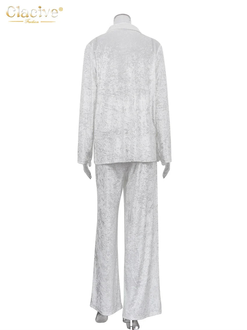 Clacive Winter Loose Home Suits Fashion White Velvet Pants Set Elegant Lapel Long Sleeve Blouses Two Piece Sets Womens Outifits