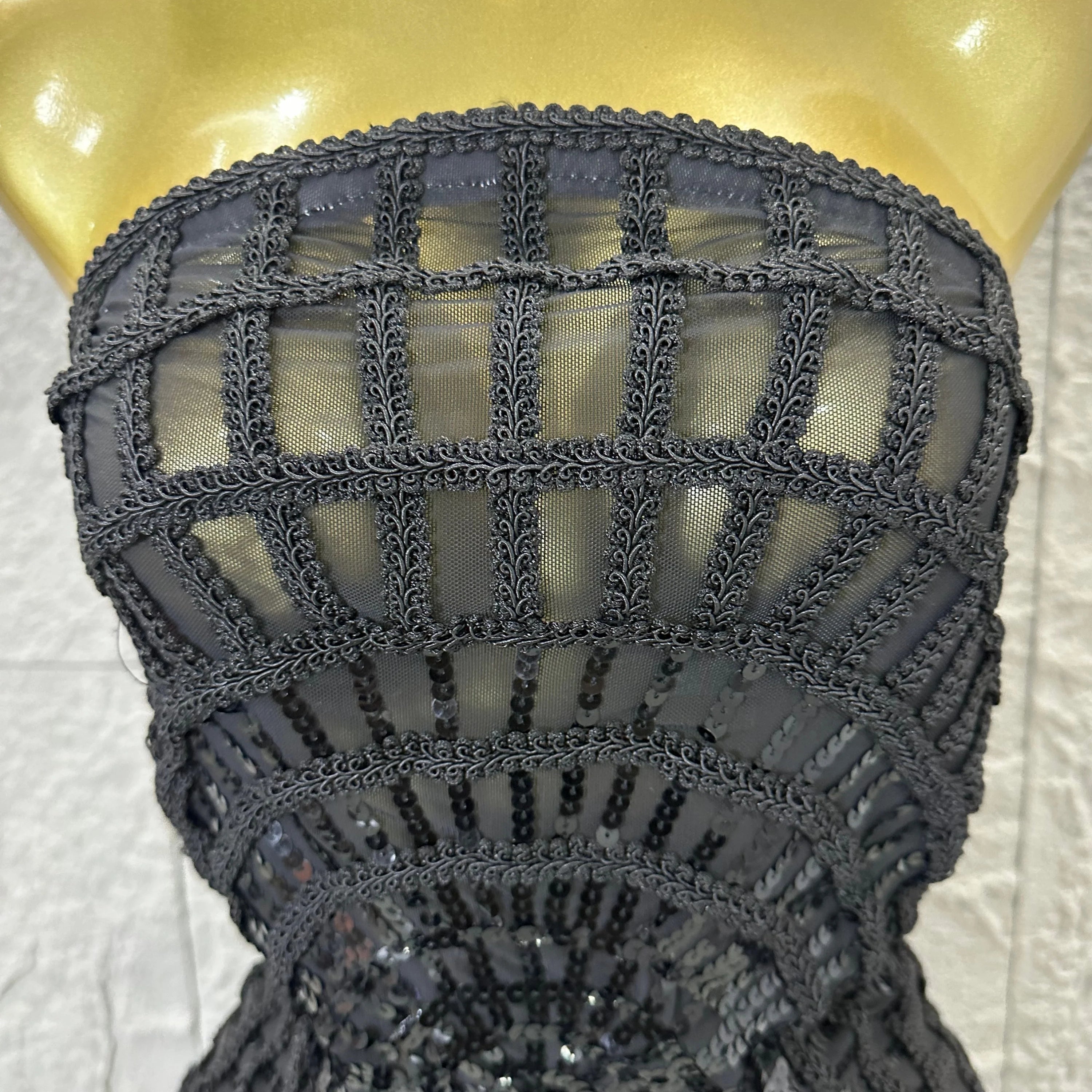 Women Sexy Strapless 3D Grid Embellished Bodycon Mermaid Outfit Stage Performance CostumeElegant Sequined Sheer Mesh Maxi Dress
