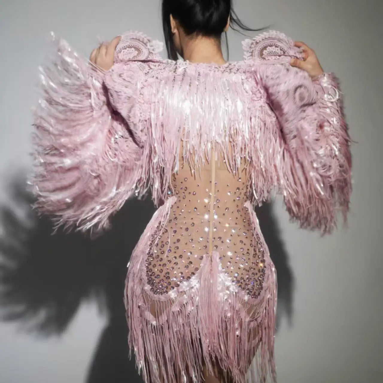 2025Sparkly Rhinestone Sequin Tassel Coat And Skirt 2Pcs Women Birthday Party Nightclub Dj Stage Performance Costume