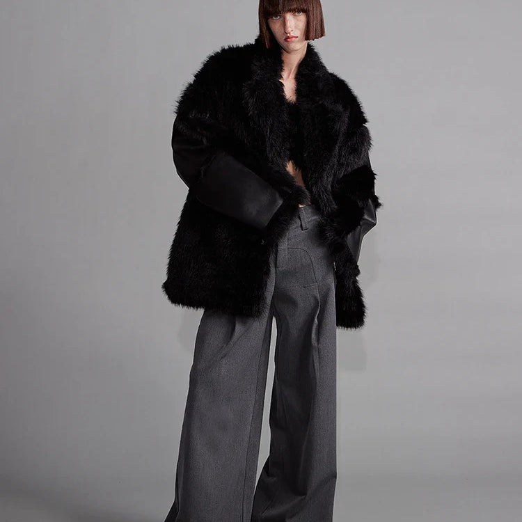 Autumn Winter Cool Loose Black Thick Warm Soft Hairy Faux Sheepskin Coat Women Luxury Designer Clothes Fluffy Jacket