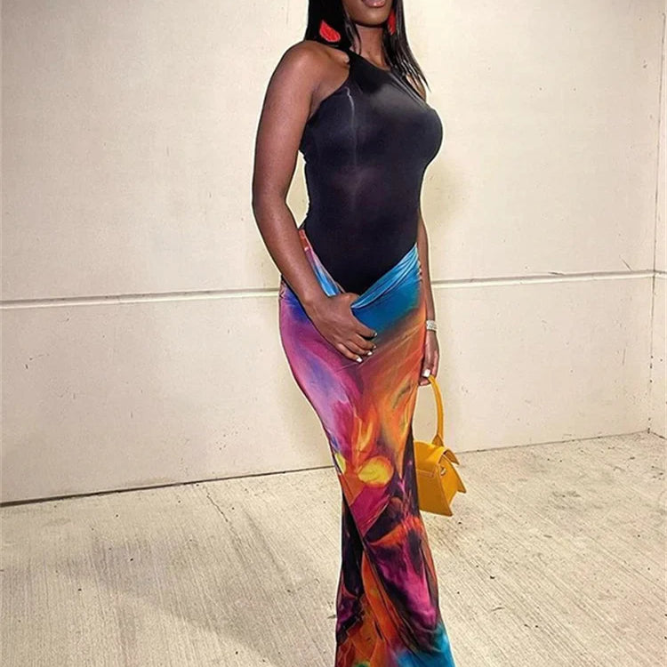 Simenual Harajuku Aesthetics Multi Printed High Waist Long Skirts Women Cyber Y2K Package Hip Skirt Chic Holiday Outfits Slim