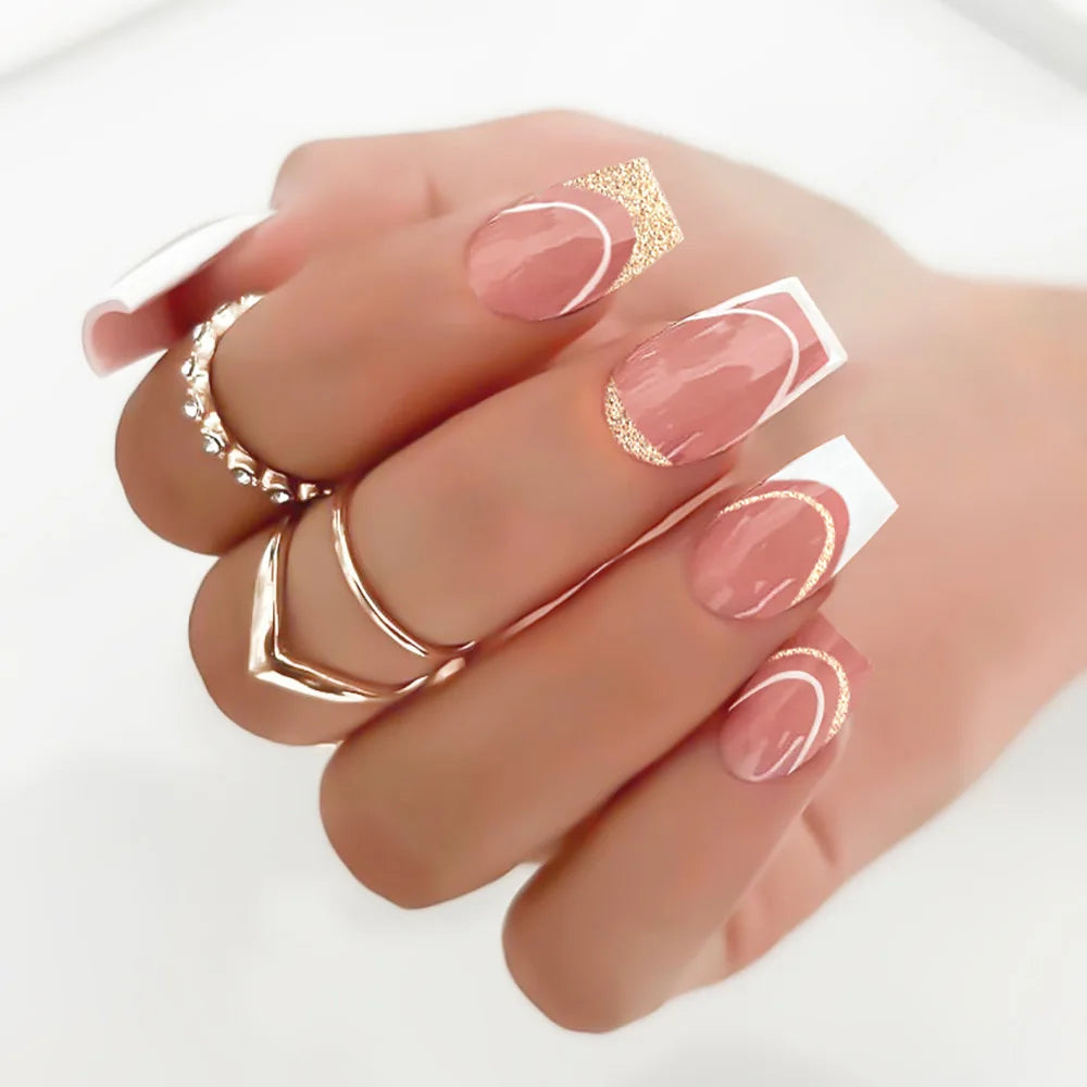 24pcs/set short square fake nails for women cute bride heart white french tips faux ongles y2k press on false nail supplies 987