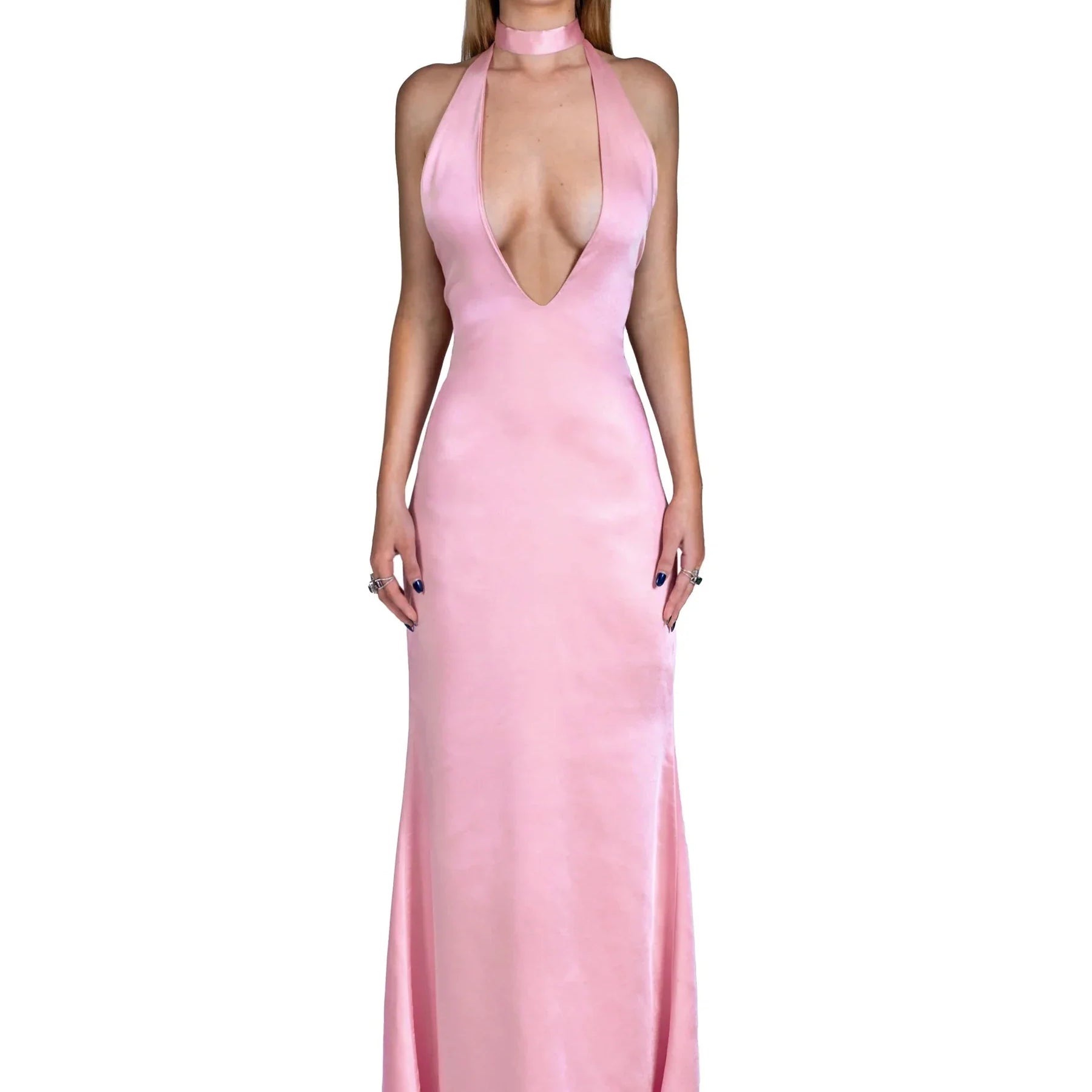 Articat Sexy Sleeveless Satin Open Back Dress For Women Deep V Lace Up Slim Fit Evening Dress Female Elegant Party Club Vestidos Pink