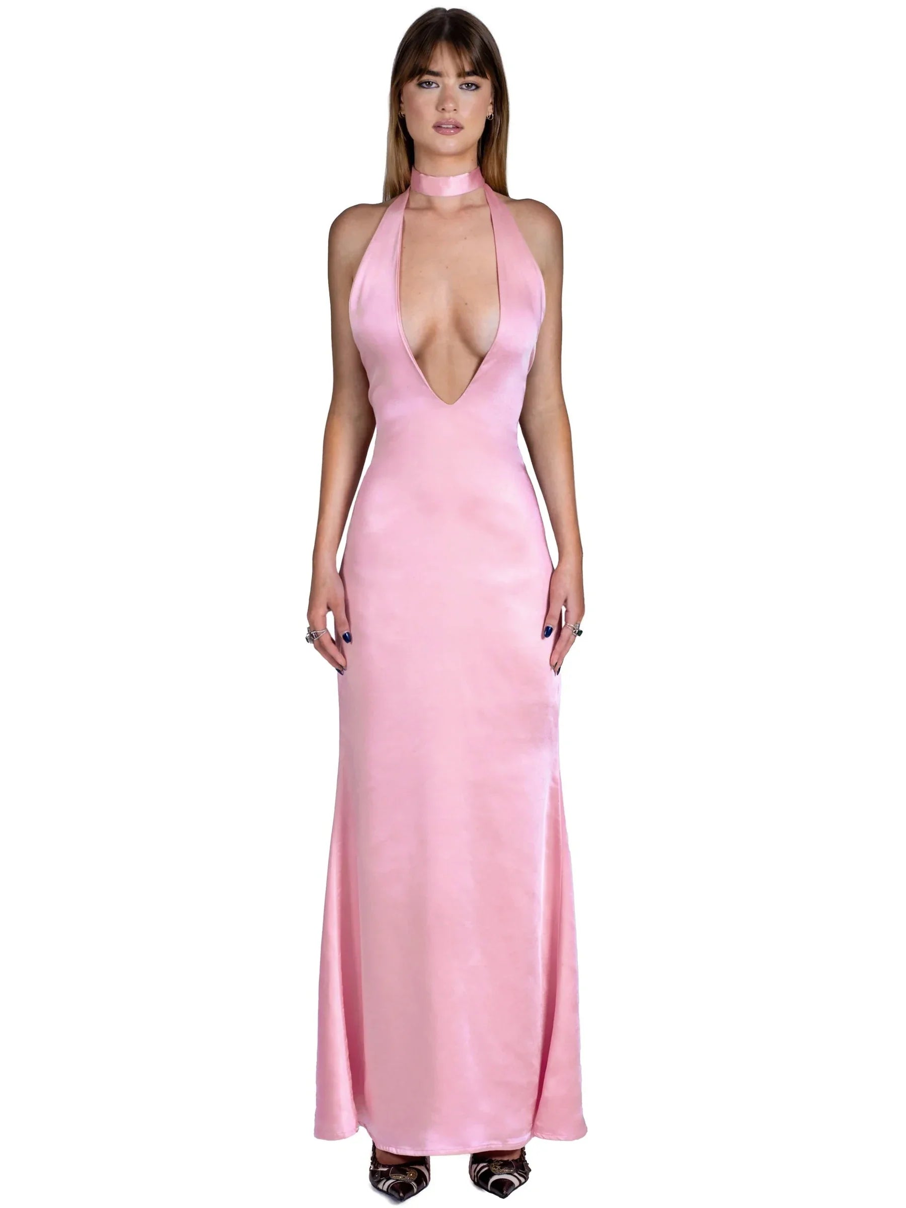 Articat Sexy Sleeveless Satin Open Back Dress For Women Deep V Lace Up Slim Fit Evening Dress Female Elegant Party Club Vestidos Pink