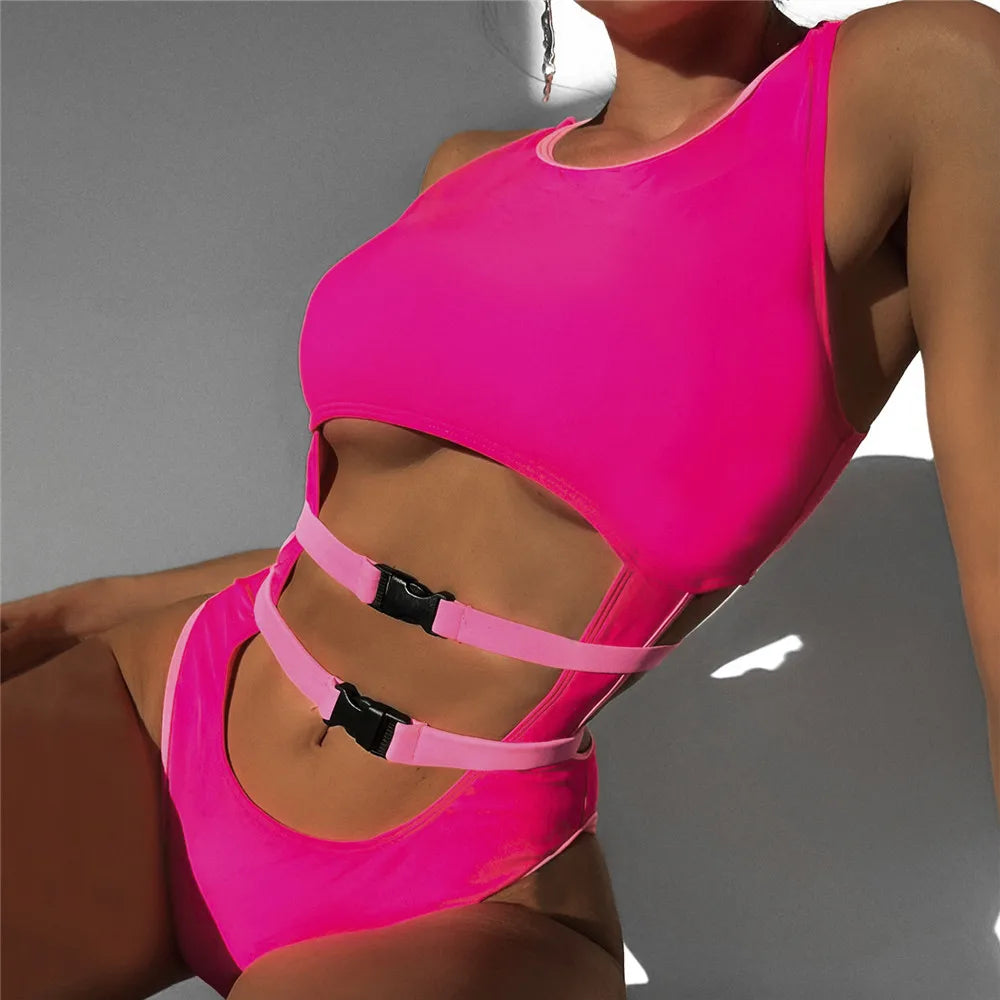 Sexy Rose Red Cut Out Monokini Swimsuit One Piece Swimwear Woman Bandage Bathers High Cut Bathing Swimming Suit for Women