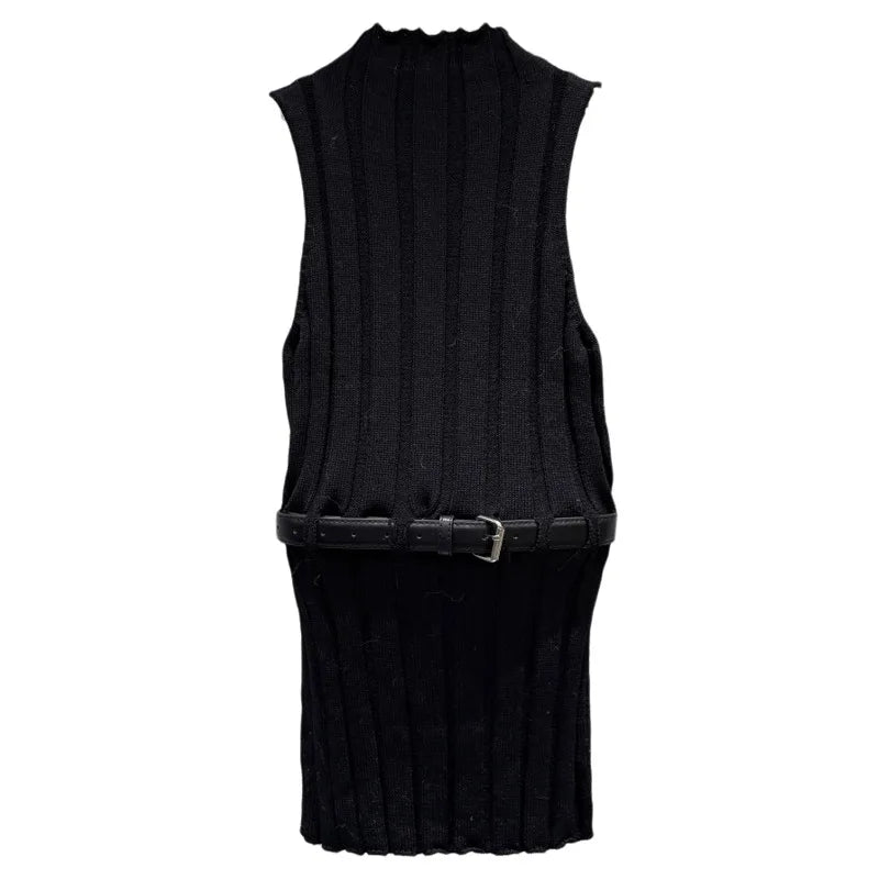 Winter New Fashion Off-Shoulder Belted Slim Knitted Vest For Women Solid Color Versatile Long Sleeveless Top 11A07505