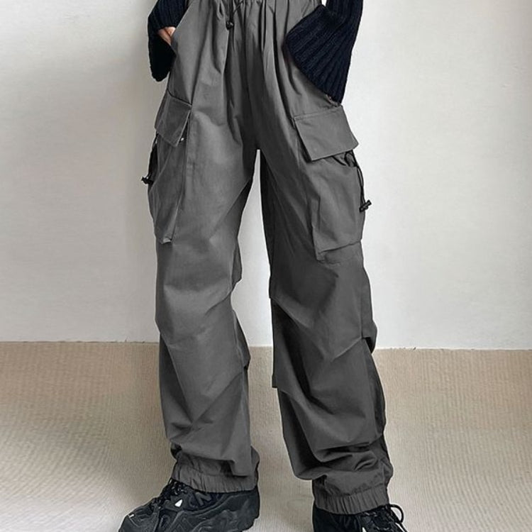 Women Parachute Cargo Pants Hip Hop Streetwear Casual Harajuku Elastic Waist Wide Leg Pants Fashion New Solid Straight Trousers Grey