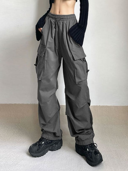 女性パラシュートカーゴパンツヒップホップストリートカジュアル原宿弾性ウエストワイドレッグパンツファッション新固体ストレートズボン
