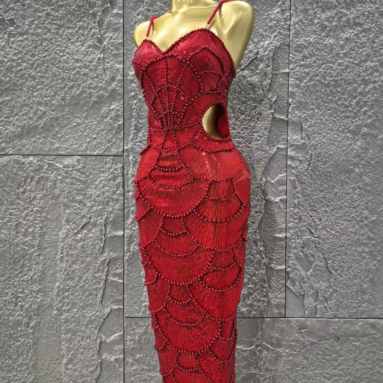 Red Color Women Sexy Sleeveless Pearl Beading Bodycon Mid-calf Dress Waist Hollow Out Celebrate Fashion Birthday Party Dress