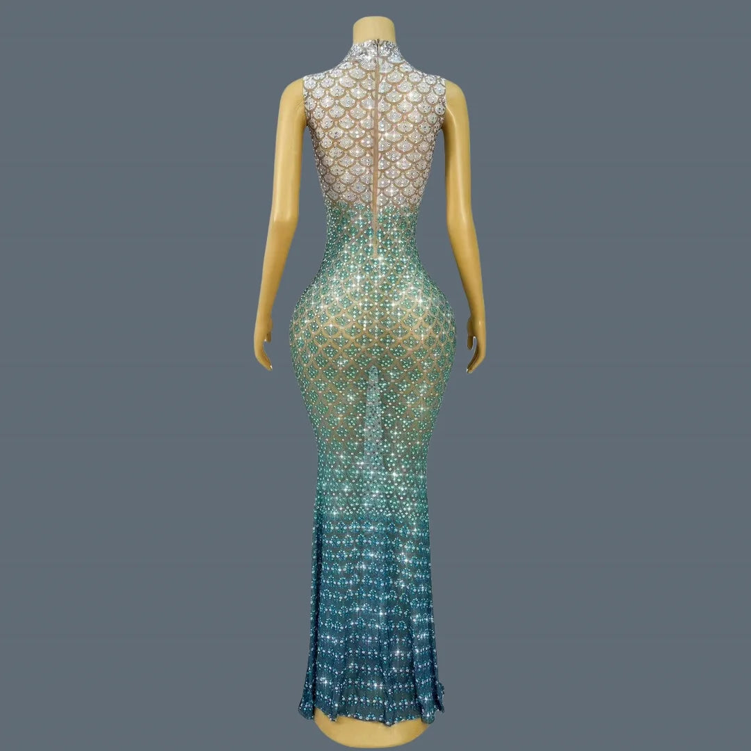 Trendy Gradient Sparkling Crystal Sheer Mesh Long Dress Sexy High-end Skinny Evening Dress Birthday Night Party Outfit Qingshe
