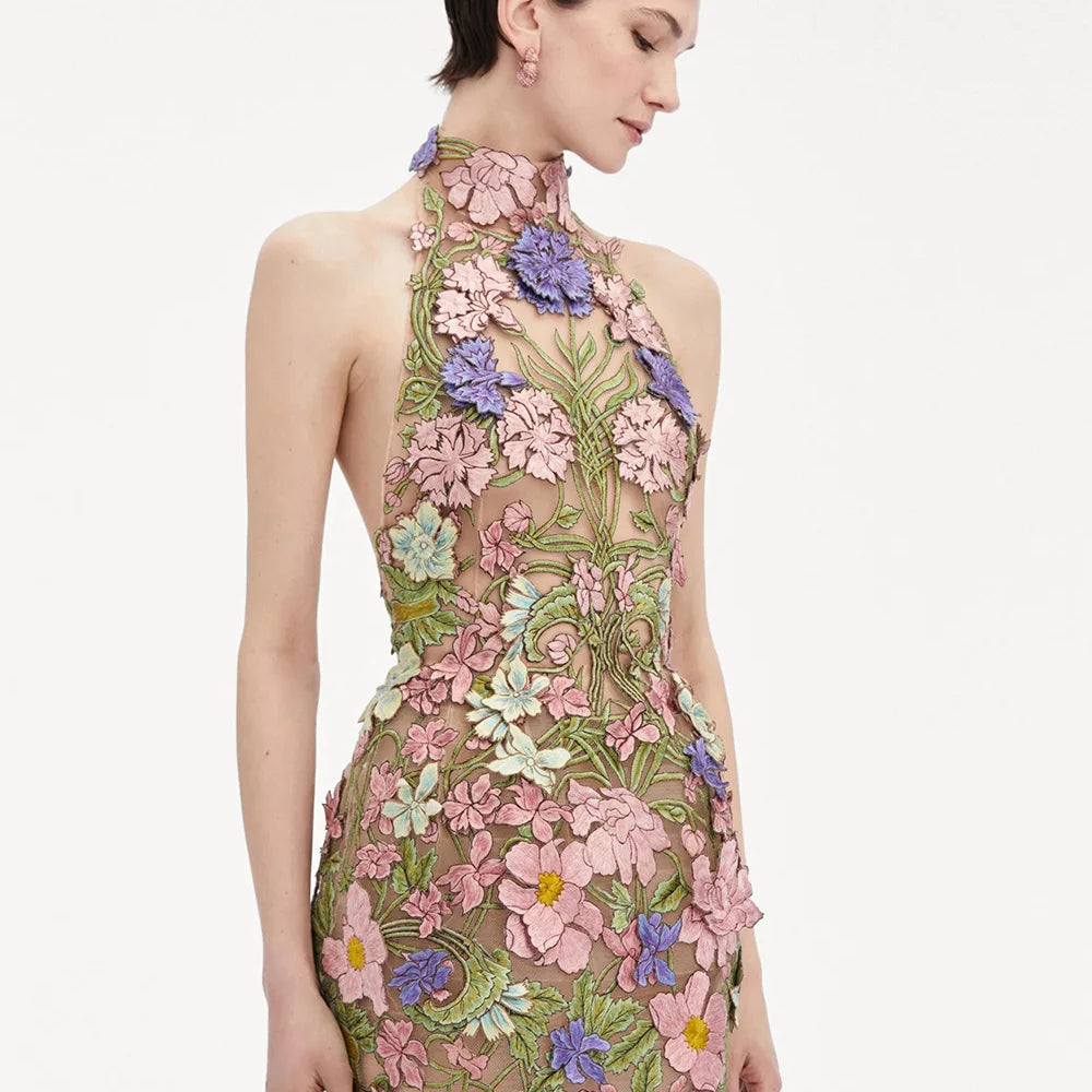 2025 Women Sexy Halter Backless Embroidery Bodycon Mini Dress Celebrate Birthday Party Girls' Vacation Dress MULTI