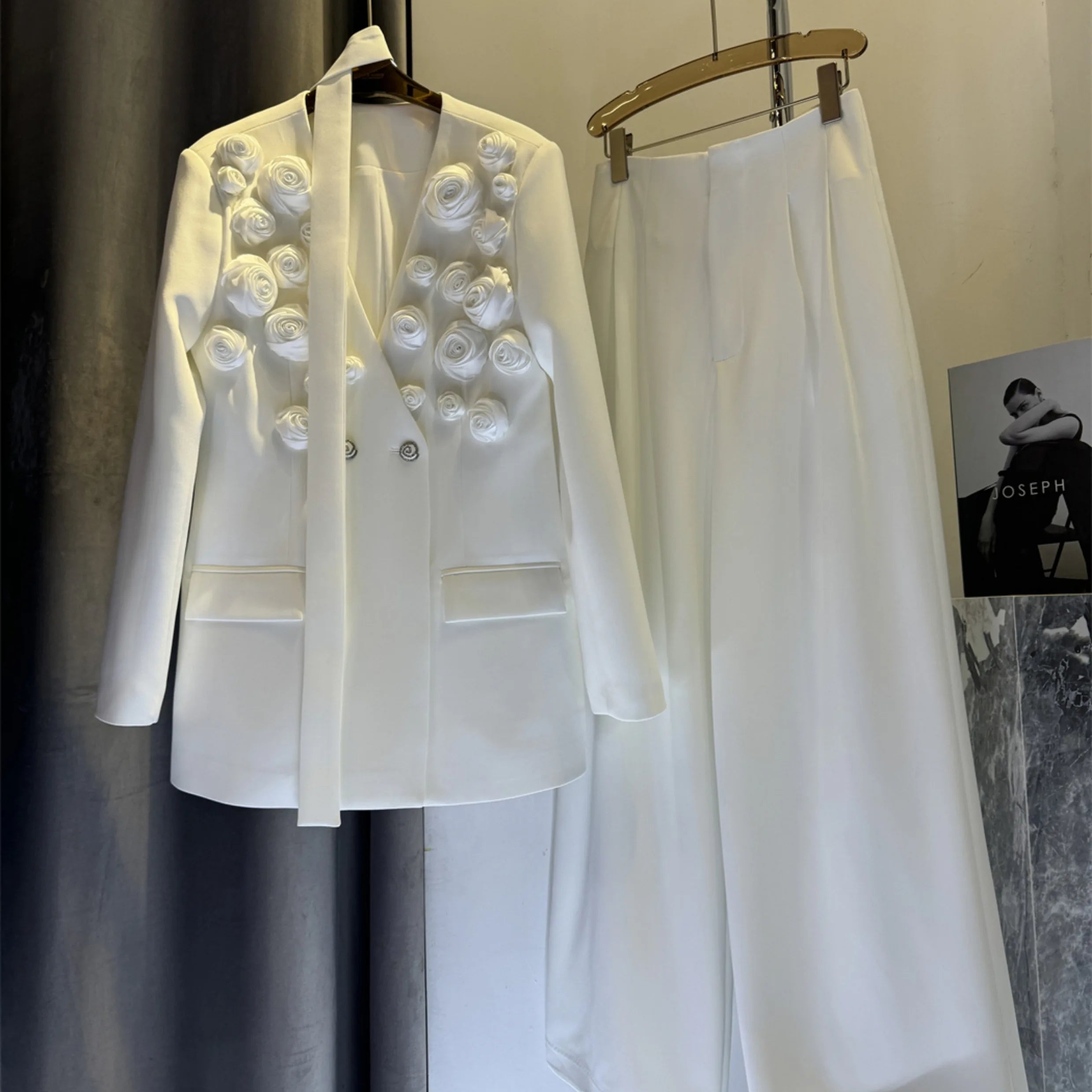 Solid Spliced Appliques Two Piece Sets for Women V Neck Long Sleeve Patchwork Pocket Top High Waist Pant Set Female WHITE