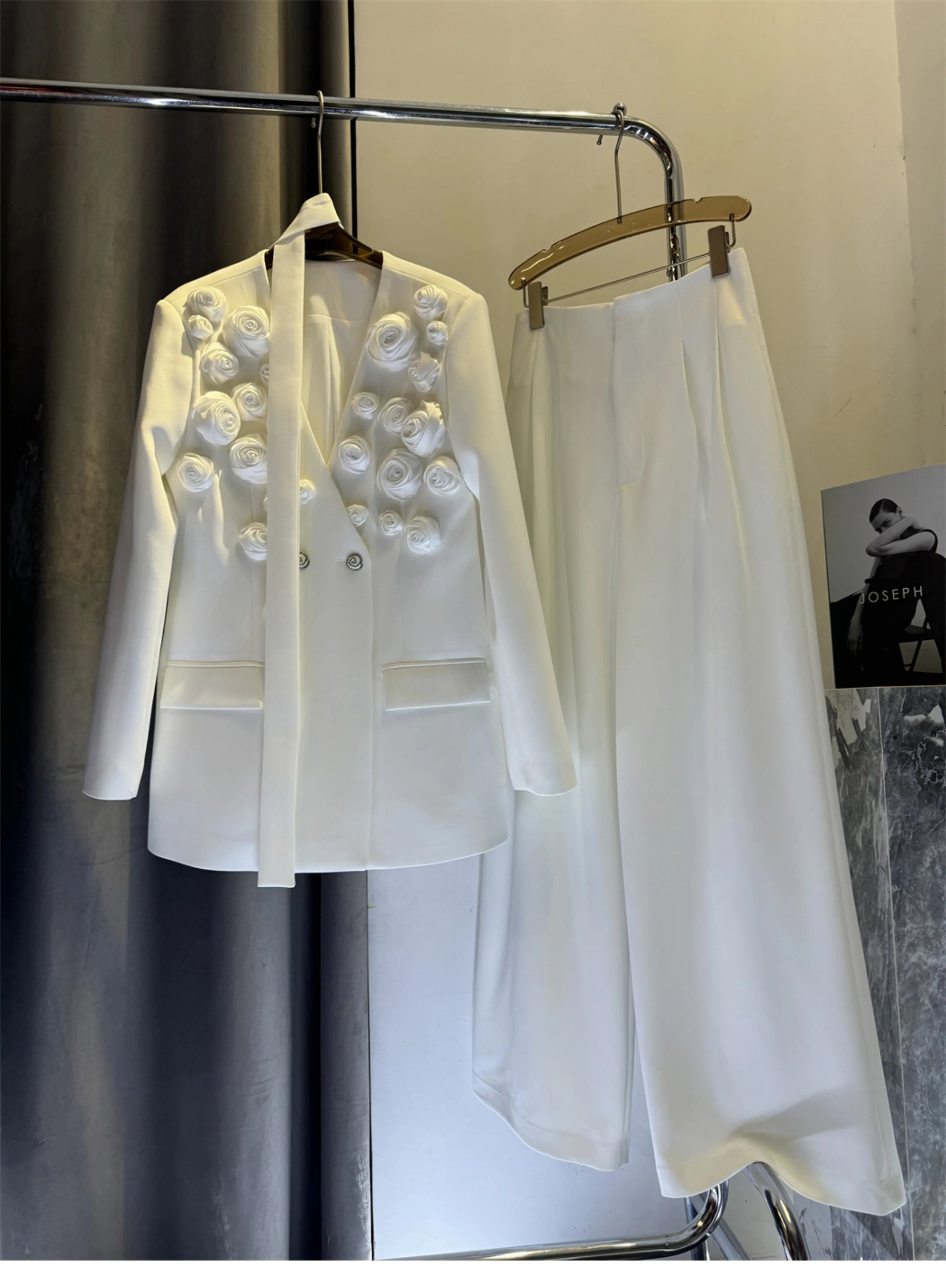 Solid Spliced Appliques Two Piece Sets for Women V Neck Long Sleeve Patchwork Pocket Top High Waist Pant Set Female WHITE