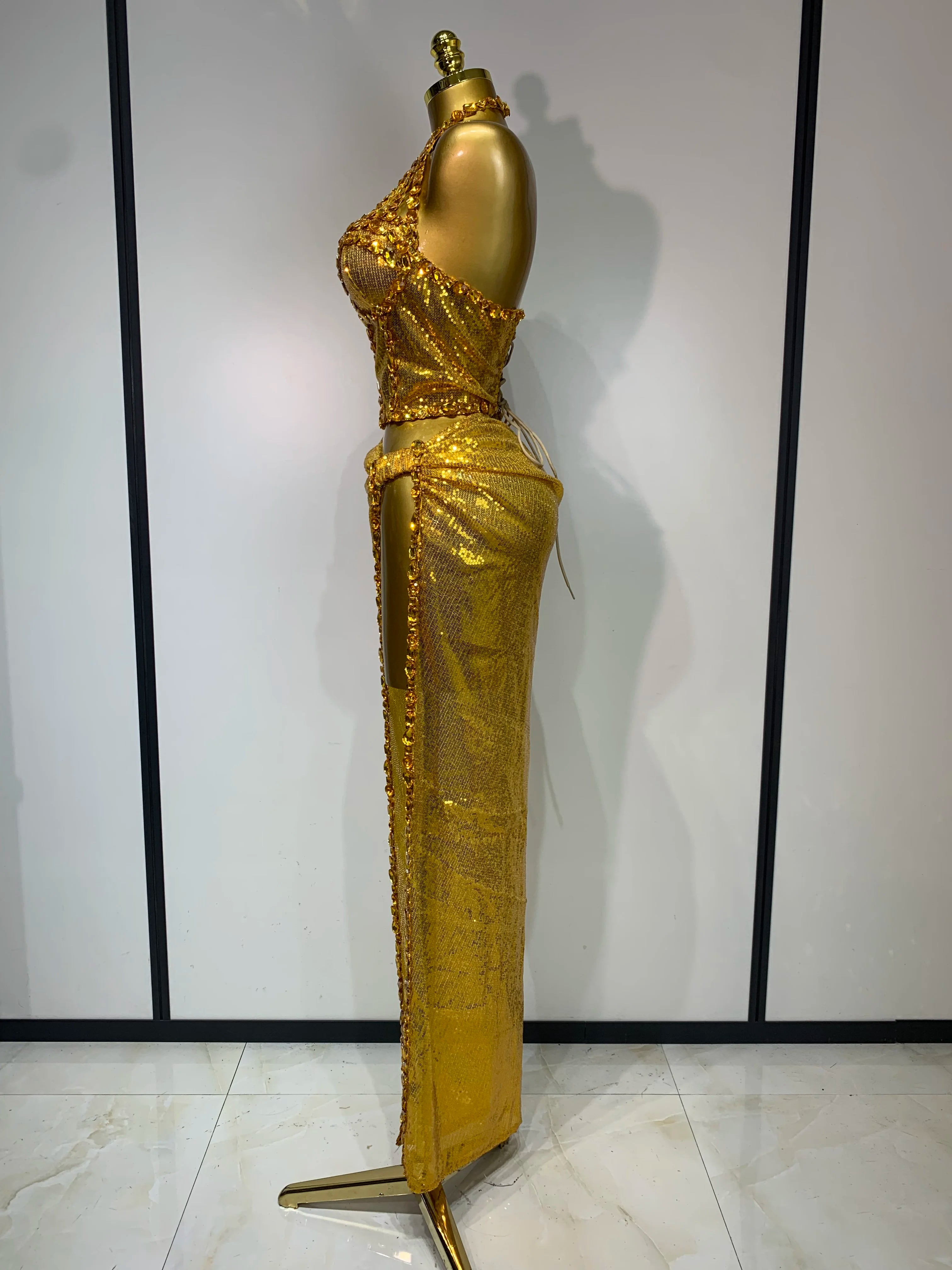 Women Sparkly Gold Rhinestones Top Long Skirt Two Pieces Set Singer Dancer Performance Costume Nightclub Luxury Birthday Dress