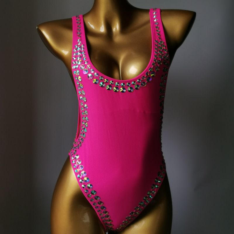 Sexy Backless Woman's One-Piece Swimsuit Luxury Crystal Rhinestone Diamond Swimwear High-End Customized Bathing Suit Rose red