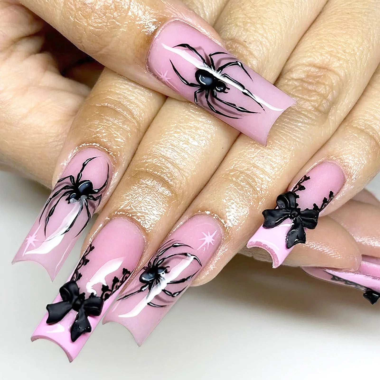 24pcs Halloween Gothic Fake Nail with Black Spider Bow Design False Nails European Long Coffin French Press on Nails Wearable 4
