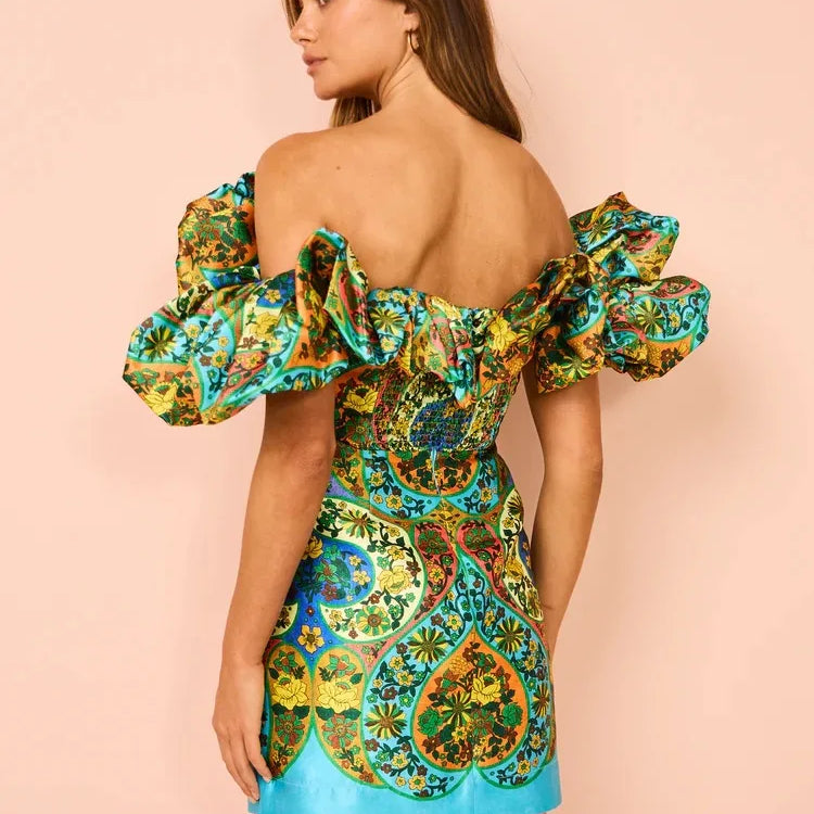 Slash Neck Mini Dress Women Off Shoulder Slim Sexy Vintage Printed Short Dress Backless Party Club Prom Fashion Elegant New 2024