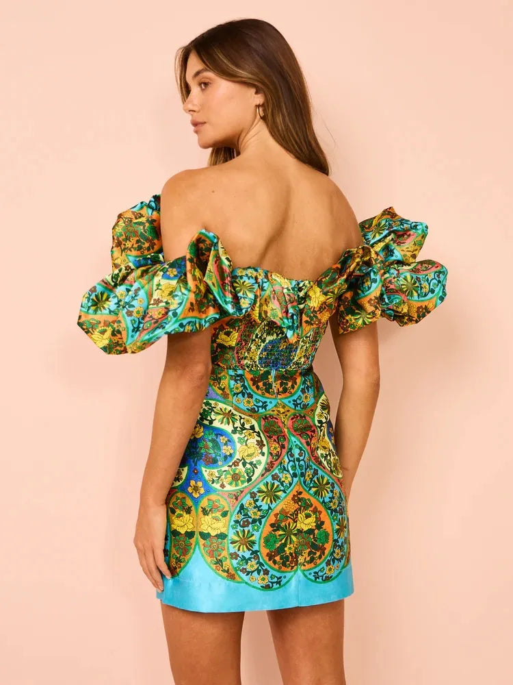 Slash Neck Mini Dress Women Off Shoulder Slim Sexy Vintage Printed Short Dress Backless Party Club Prom Fashion Elegant New 2024