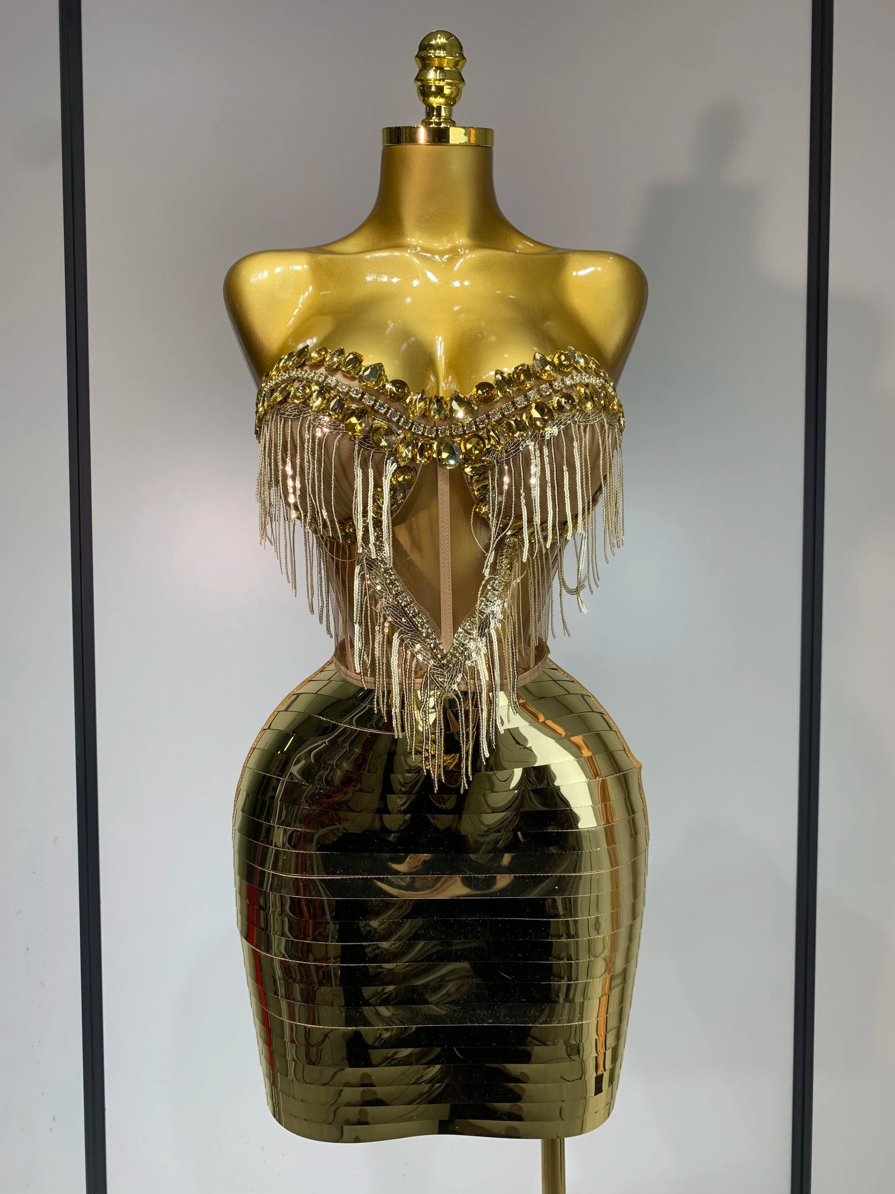 2025 Sparkly Gold Rhinstones tassels Top Skirt Set Women Sexy Strapless Designer Two Pieces Nightclub Evening Party Stage Outfit Gold