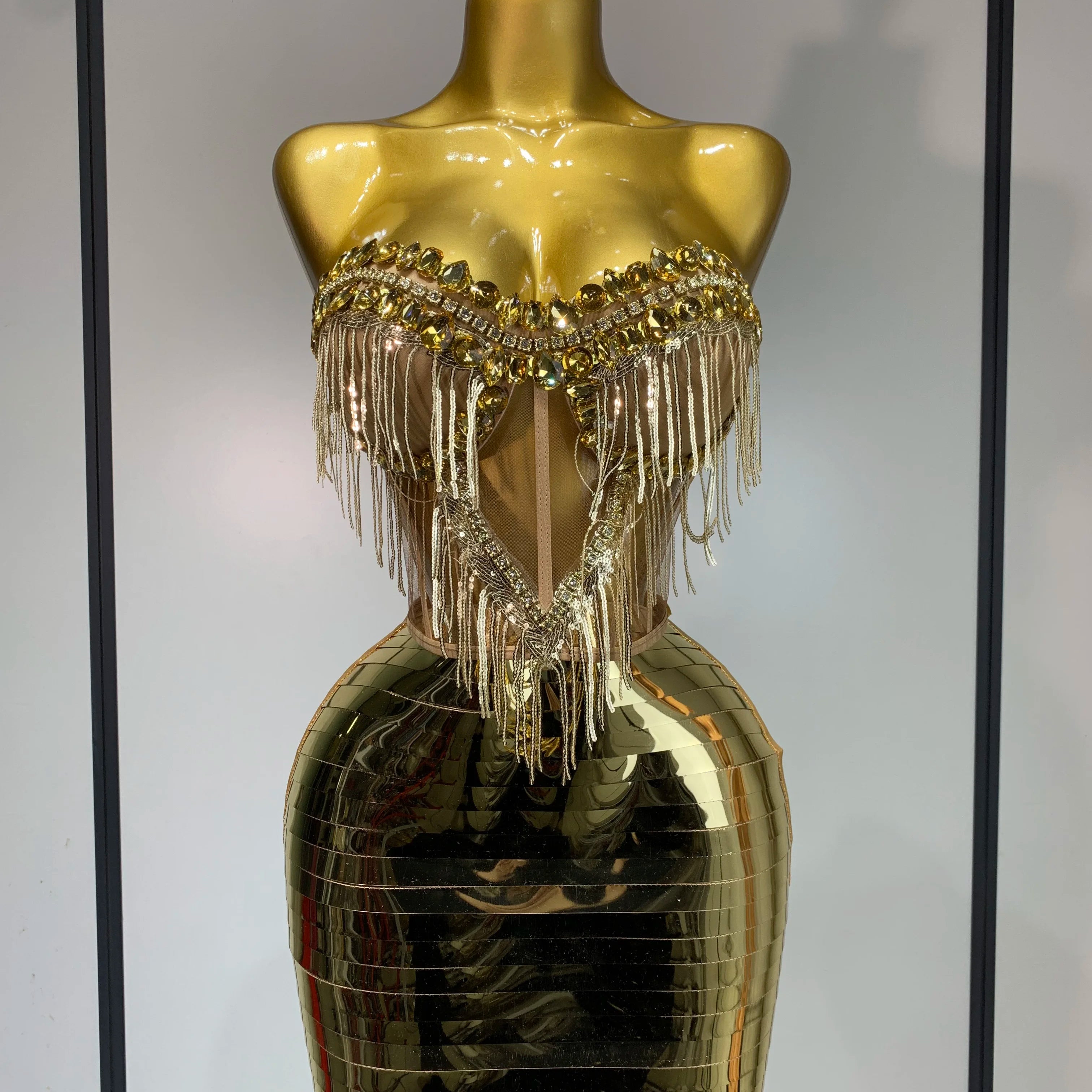 Sparkly Sliver Rhinstones tassels Top Skirt Two Piece Set Women Sexy Strapless Nightclub Birthday Evening Party Stage Outfit Gold