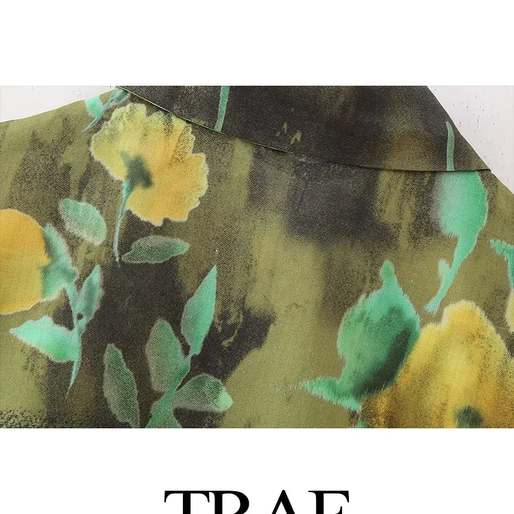 TRAF Summer Vintage Y2K Short Sleeve Green Floral Print Woman Zipper Shirt Set High Waisted A Line Pleated Skirt Suits