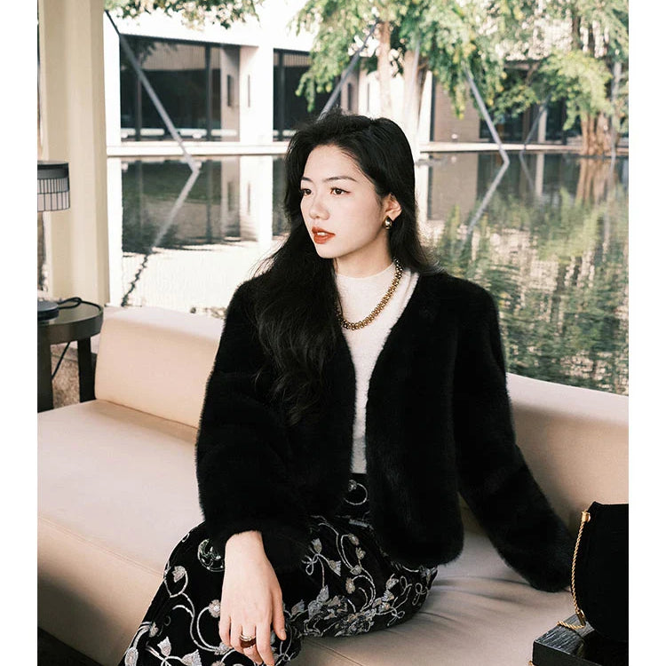 Autumn Winter Chic Luxury Soft Thick Warm Brown Faux Mink Fur Coat Women with Deep V Neck Long Sleeve Fluffy Jacket 2024