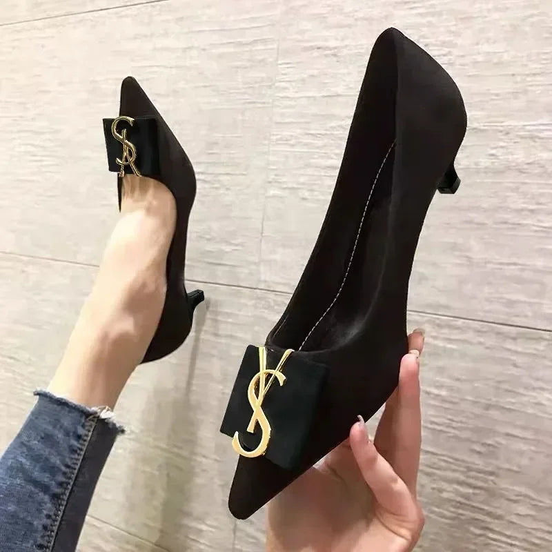 New Korean Version of Metal Buckle Design Suede Shallow Mouth Pointed Flat/Thick/low Heels Bottom Black Luxury Shoes Women Black 3cm