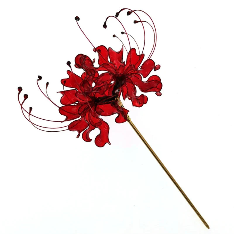 Handmade Lycoris Radiata Flower Hairpin Kanzashi Hair Stick for Kimono Hair Accessory Cosplay Decor Ornament Women Girl Jewelry