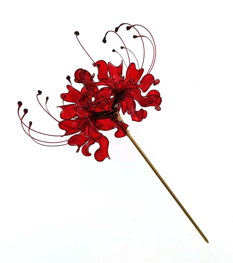 Handmade Lycoris Radiata Flower Hairpin Kanzashi Hair Stick for Kimono Hair Accessory Cosplay Decor Ornament Women Girl Jewelry