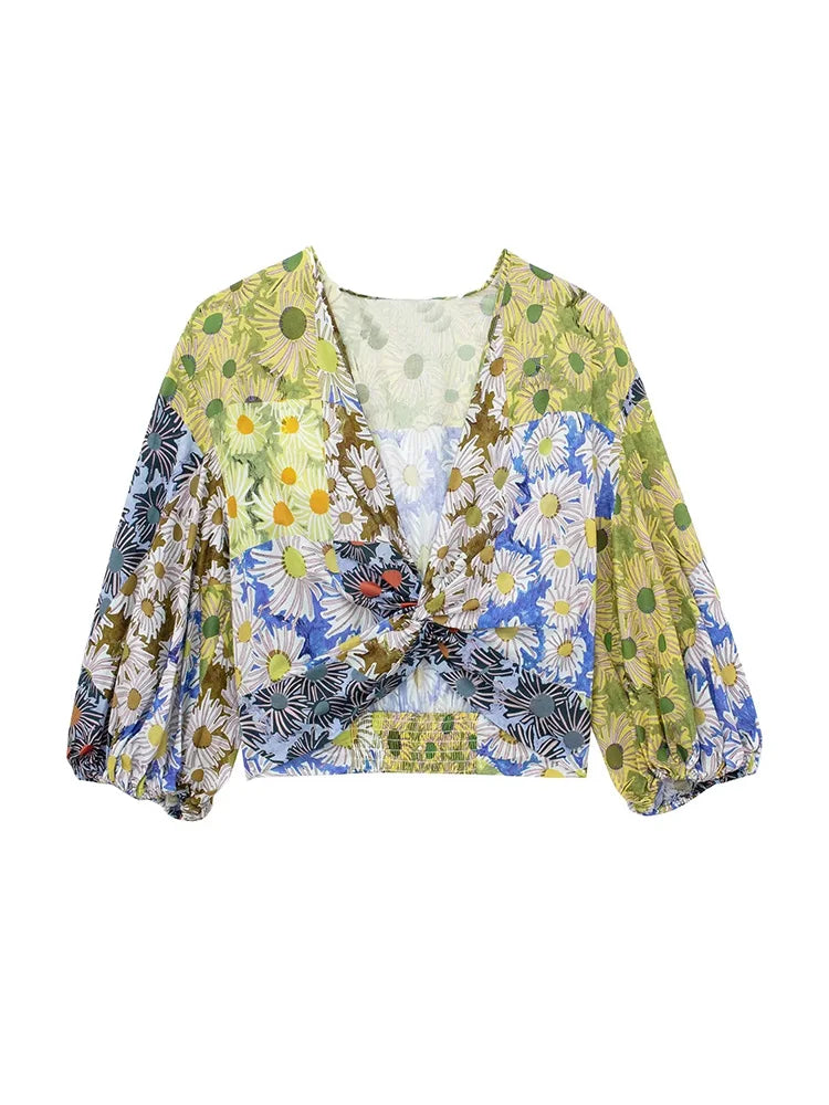 TRAF Women Fashion Printed Pleated Midi Skirt Vintage High Elastic Waist With Drawstrings Female Skirts Mujer casual clothes as picture