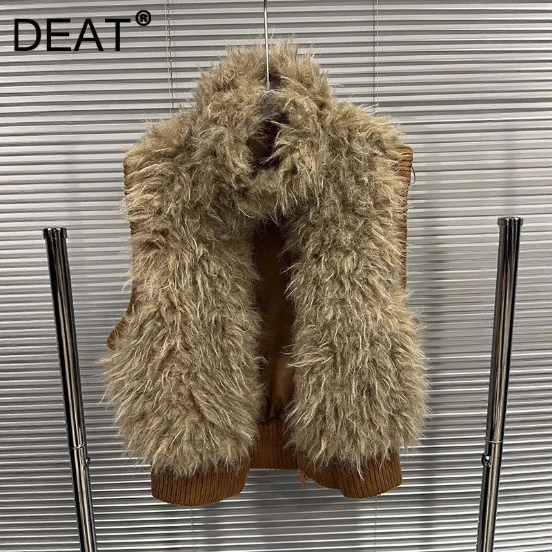 Autumn Winter New Versatile Style Sleeveless Simple Furry Vest For Women Stand Collar Zipper Sleeveless Coat 11A07567