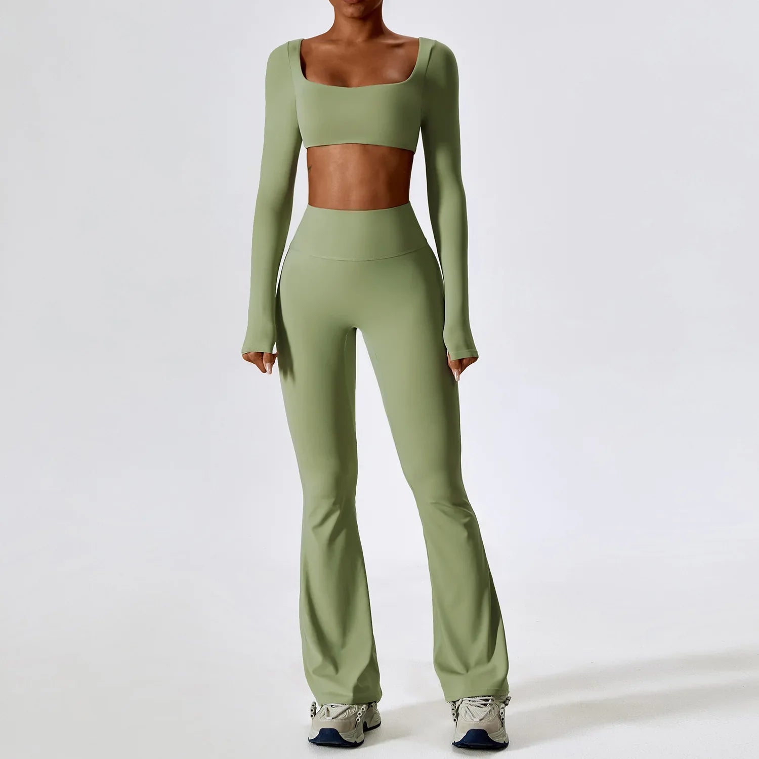 Yoga Set 2PCS Seamless Women Sportswear Workout Clothes Athletic Wear Gym Legging Fitness Bra Crop Top Long Sleeve Sports Suits Bean Green Set-3