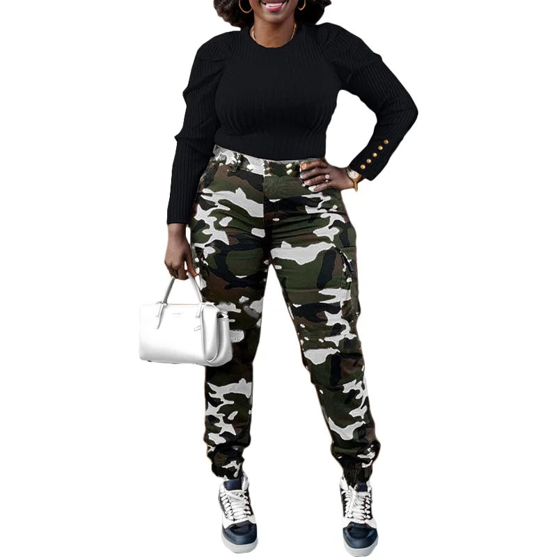 Women’s Camouflage Printed Slim Cargo Pants 2024 Spring/Summer Pocket Jogger Street Fashion Safari Trousers Black