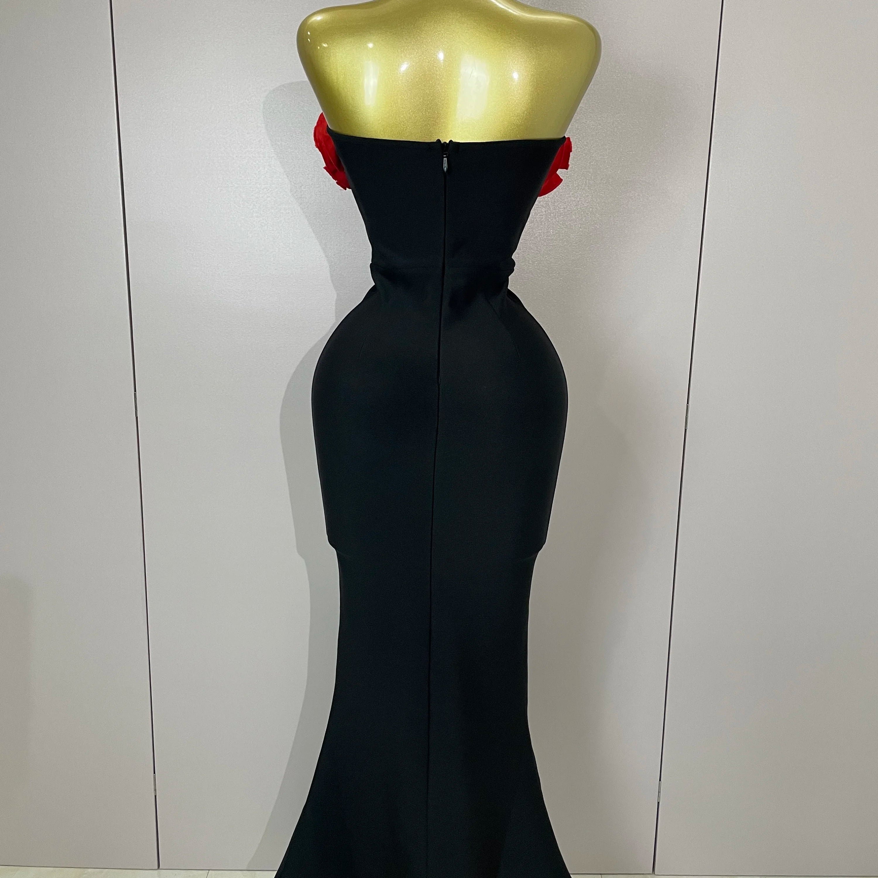 2025 black Off Shoulder Red Flower Bandage Long Dress Women Elegant Fshion Celebrity Party Dress