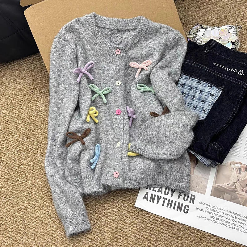 Autumn Winter New Sweet Bowknot Knitted Cardigan For Women Versatile Single-breasted Sweater Coat Trendy 11A07914 Gray One Size