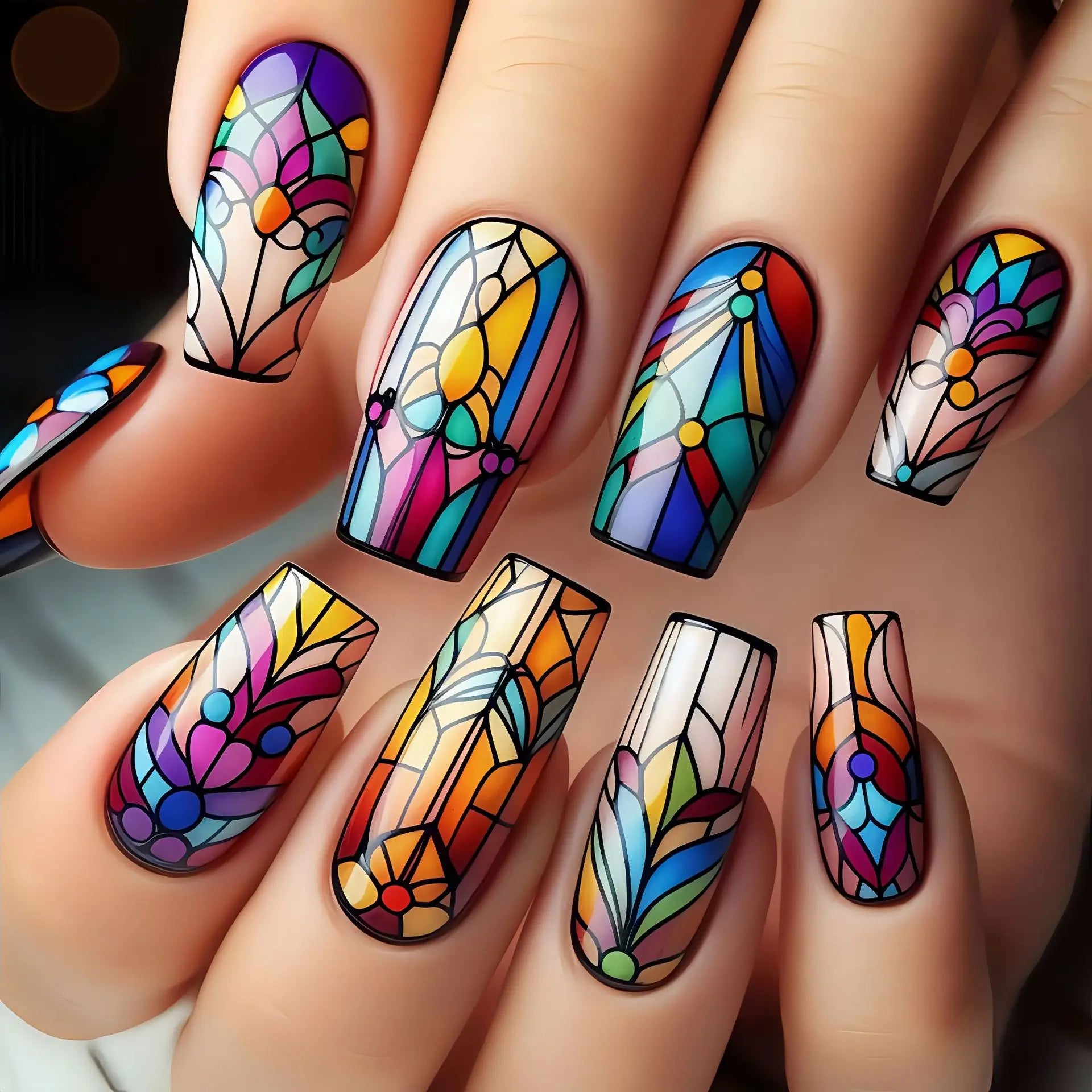 24Pcs Medium Coffin Press on Nails Colorful Gradient Stripes Gel Fake Nails Dreamy Rainbow Butterfly Nail Plant Flowers Nail Tip