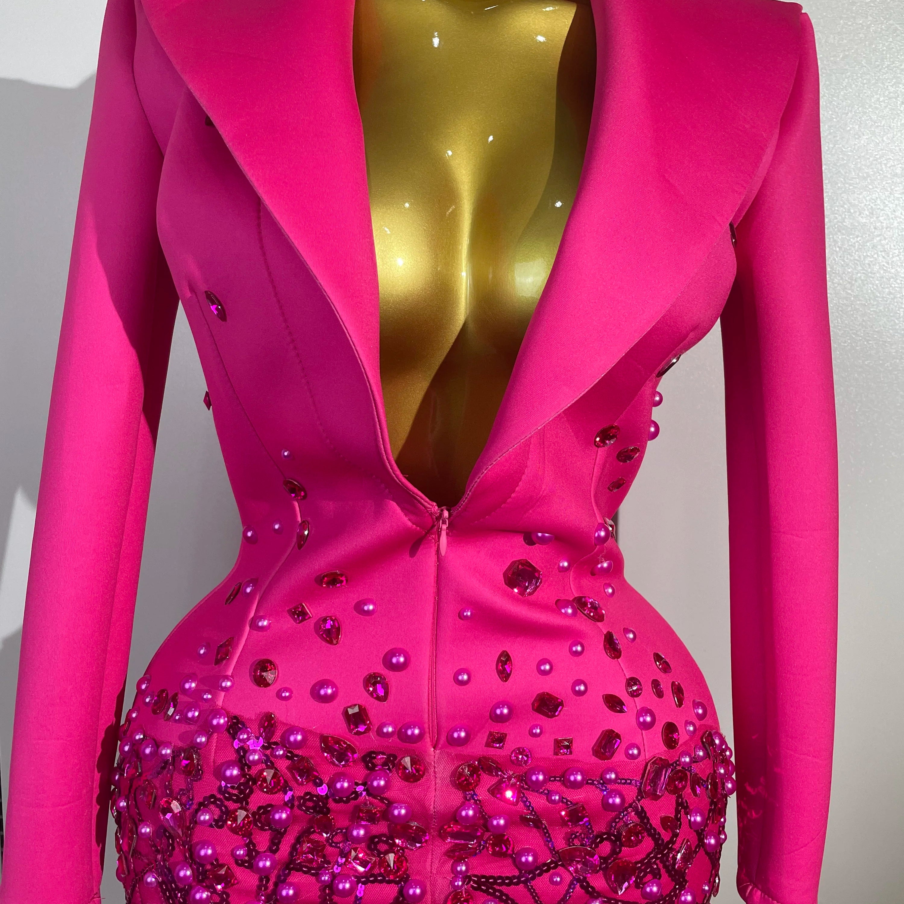 Sparkly Crystal Chains Pearls Long Sleeve Mini Dress 2025 Women Birthday Evening Party Nightclub Outfit Singer Wedding Costume