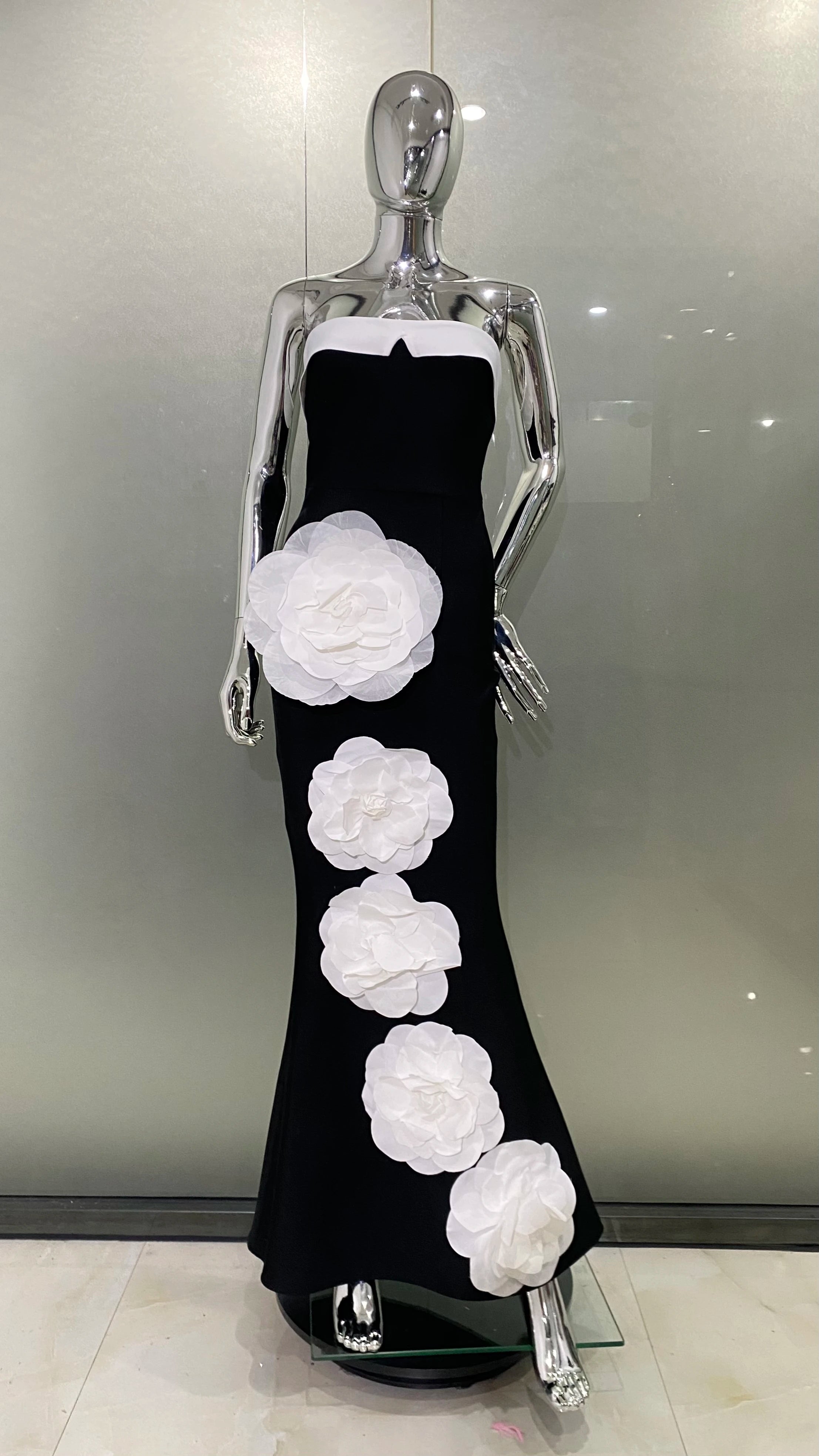 Women Sexy Strapless Bodycon Long Bandage Dress White Florals Elegant Evening Party Celebrate Birthday Dress black