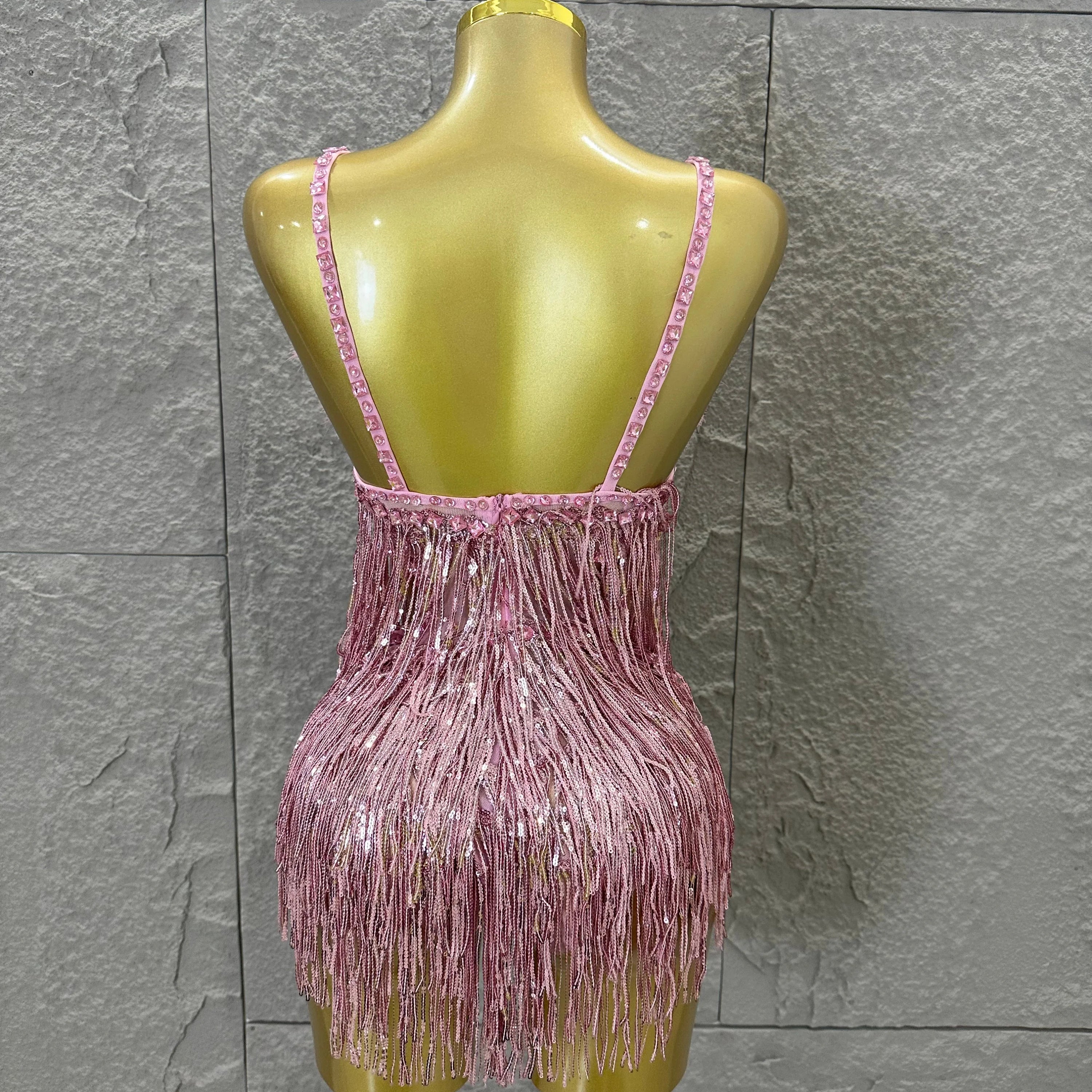Opulent Pink Sparkly Rhinestone Feather Train Bodysuit Sexy Stage Performance Costume Singer Birthday Party Nightclub Outfit