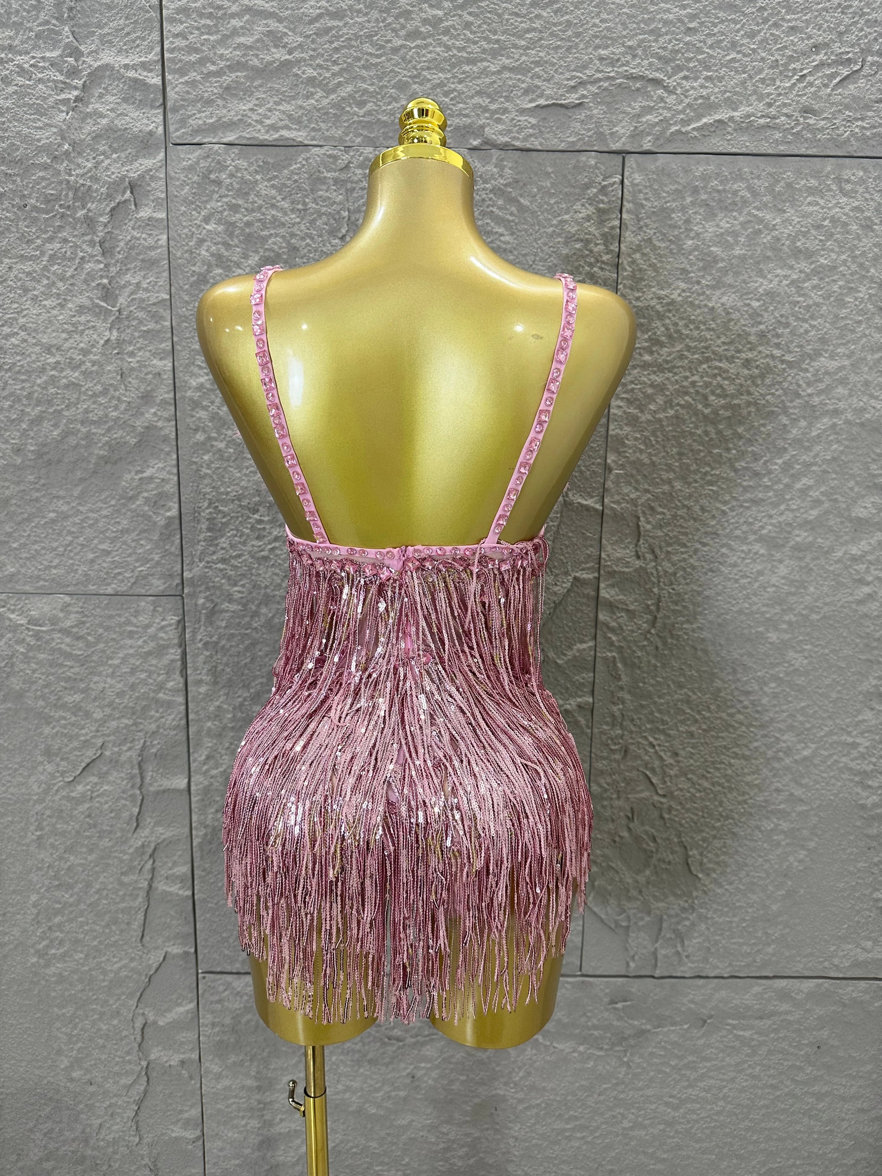 Opulent Pink Sparkly Rhinestone Feather Train Bodysuit Sexy Stage Performance Costume Singer Birthday Party Nightclub Outfit