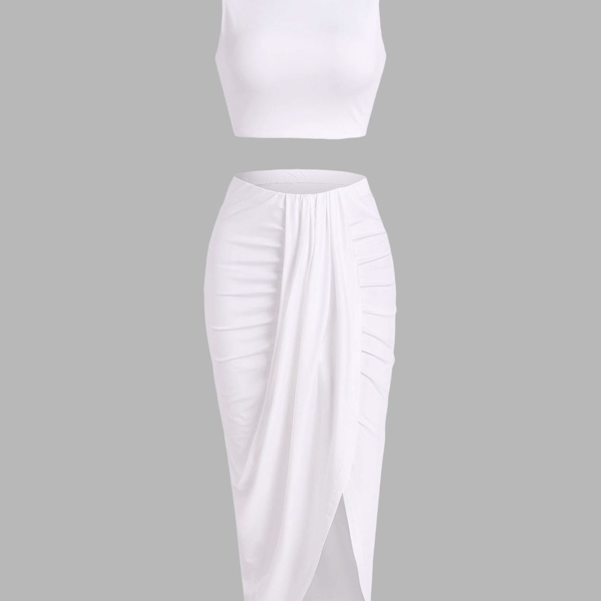 Women’s 2 Pieces Dress Set Sexy Sleeveless Crop Tank Side Slit Twist Skirt Bodycon Maxi Dresses Summer White