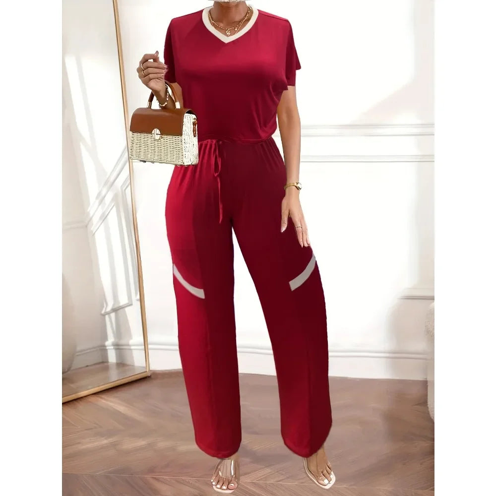 Plus Size Casual V Neck High Low Hem Short Sleeve Tee & Drawstring Pant Outfits Two Piece Set Red