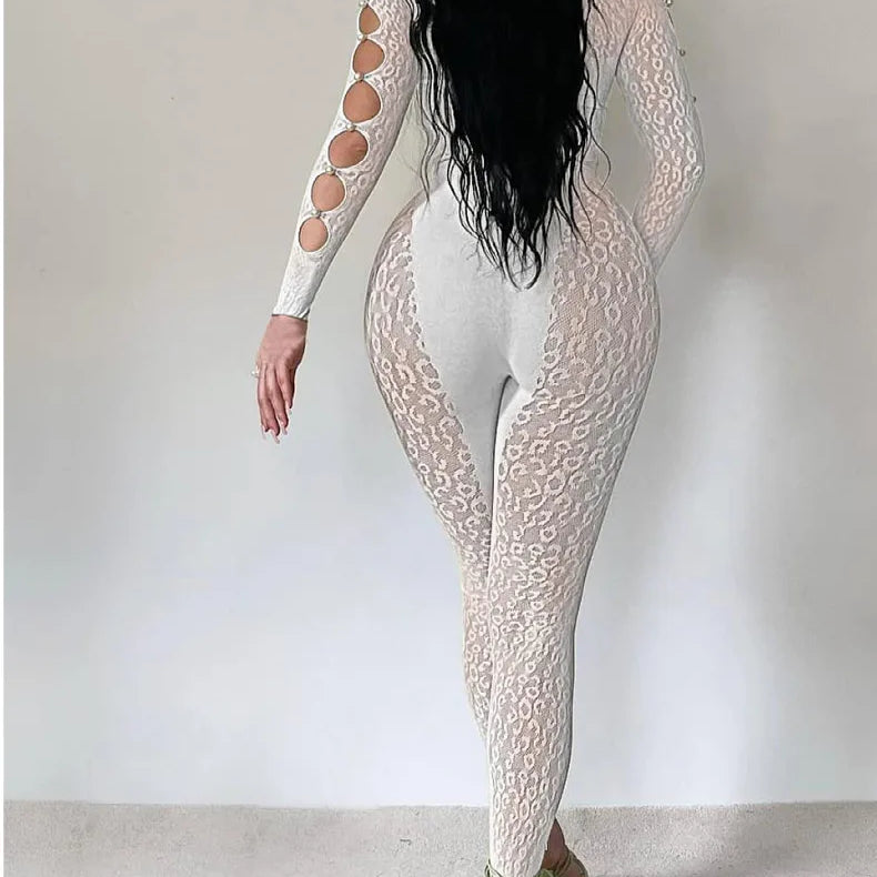 2025 Long Sleeve Sexy Leopard Lace See Through Women’s Jumpsuits Summer Slash Neck Night Club Party One Piece Outfits