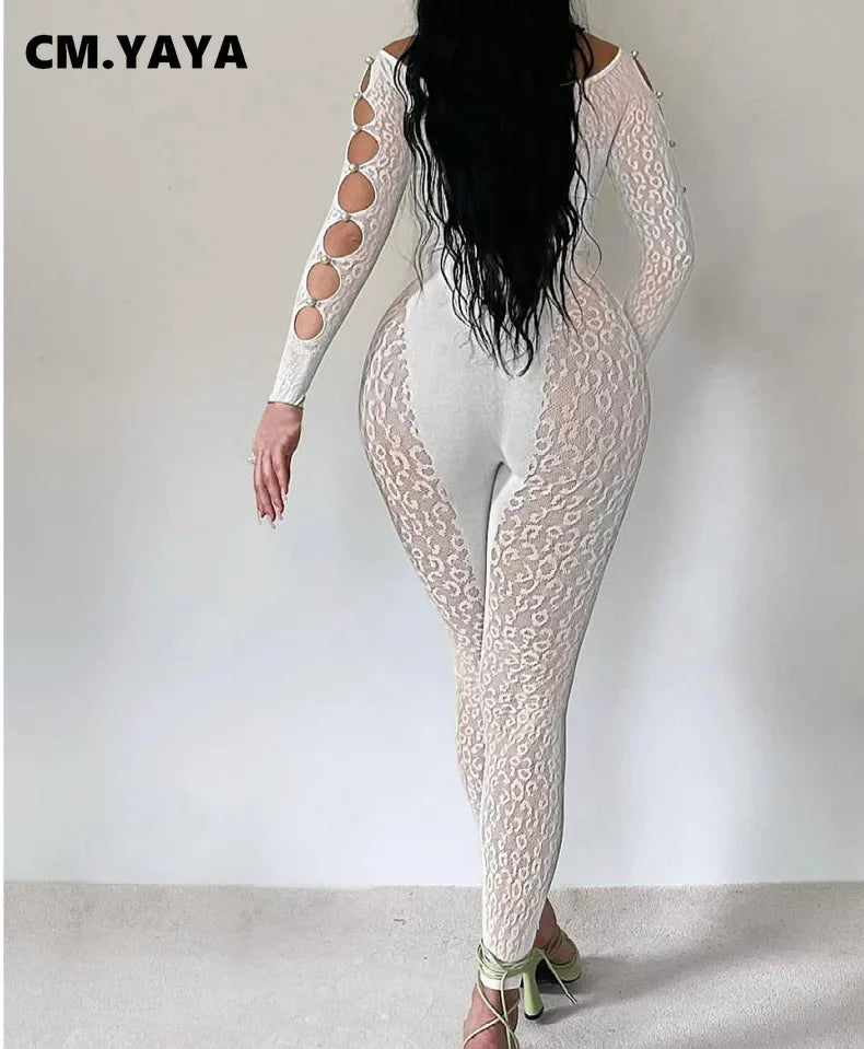 2025 Long Sleeve Sexy Leopard Lace See Through Women’s Jumpsuits Summer Slash Neck Night Club Party One Piece Outfits