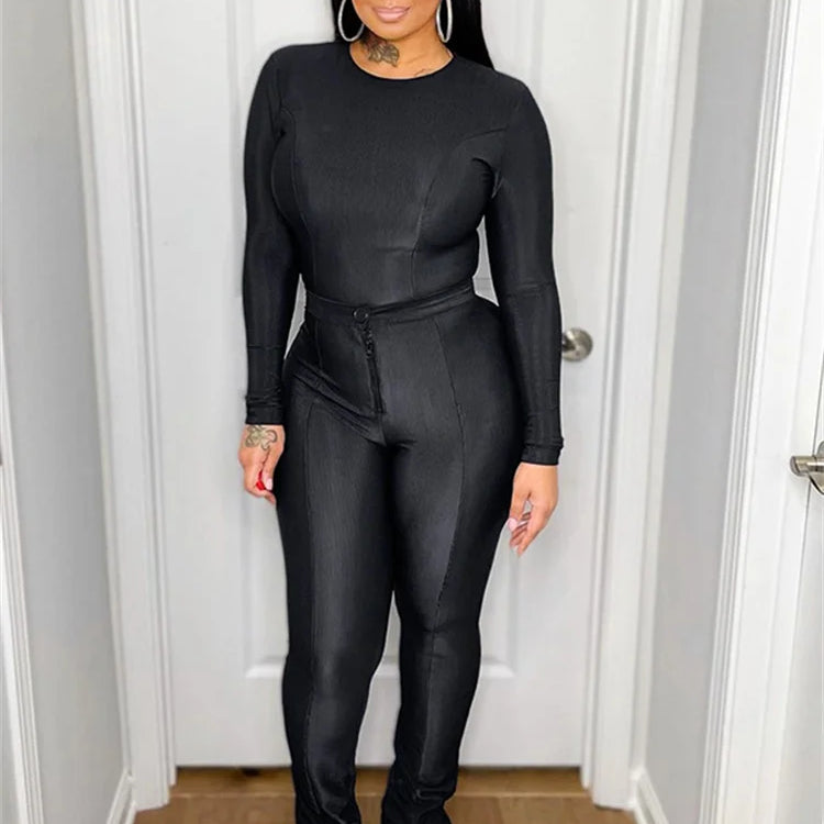 Simenual High Street Black Outfits Women Rave Slim Co-ord Suits Long Sleeve Pullovers Tees High Waist Zip Pants 90s 2 Piece Sets