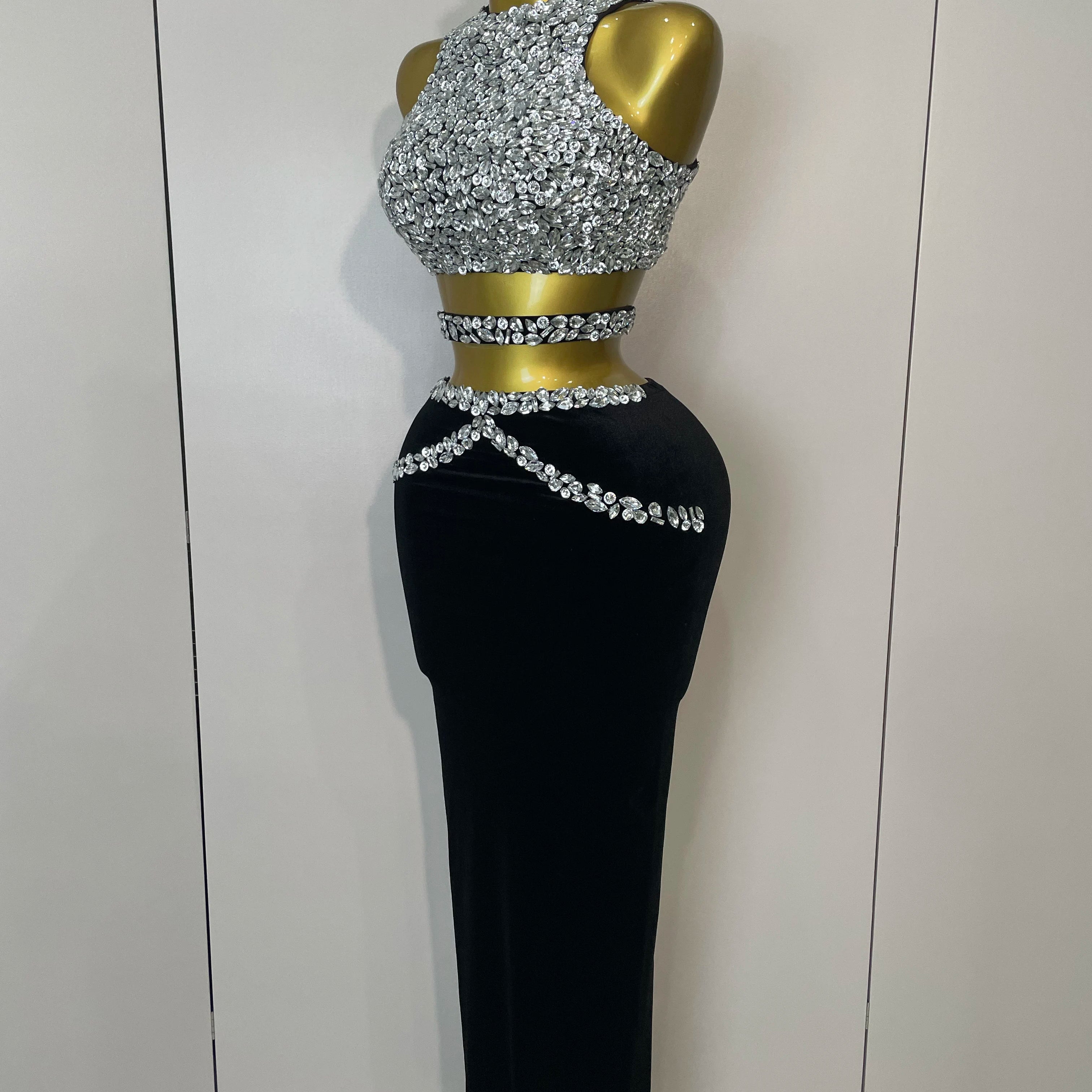 STOCK 2025 Women Sparkly Rhinestone Two-piece Set Sexy Velvet Singer Nightclub Outfit Celebrate Birthday Elegant Party Dresses