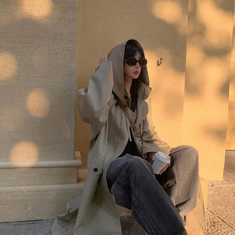 Spring Autumn Long Oversized Light Khaki Trench Coat for Women with Hood Double Breasted Loose Casual Overcoat 2024