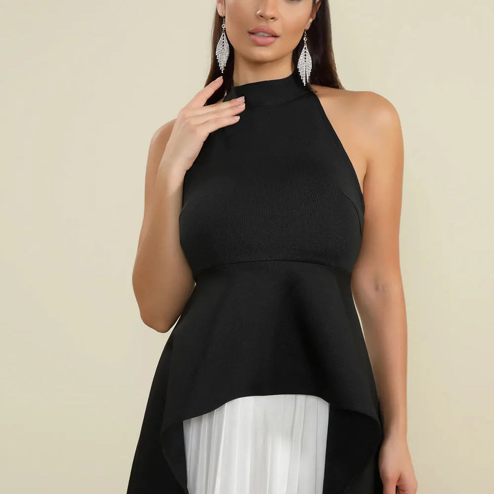 2025 Elegant Women's Loose pleated Long Dress with Stand up Collar and Sleeveless Black and White Dress Fashion Banquet Vestidos