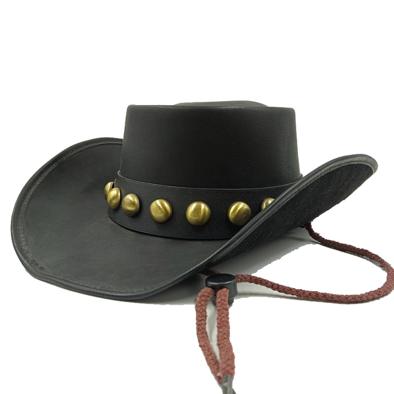 Retro Unisex Vintage Wide Brim Leather Cowboy Cowgirl Western Hat With Tassel Braid Leather Band Size 58-59CM 5 56-58cm